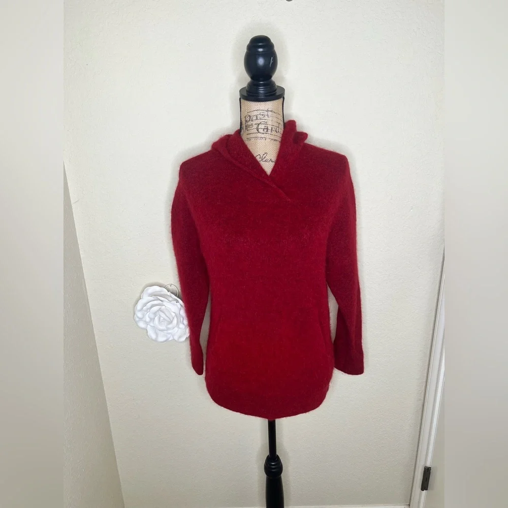 Vince Italy Wool Alpaca Blend Fuzzy Hooded Sweater Cherry Red Oversized XS